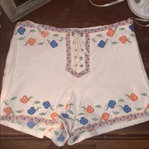 High waisted lace up embroidered shorts
